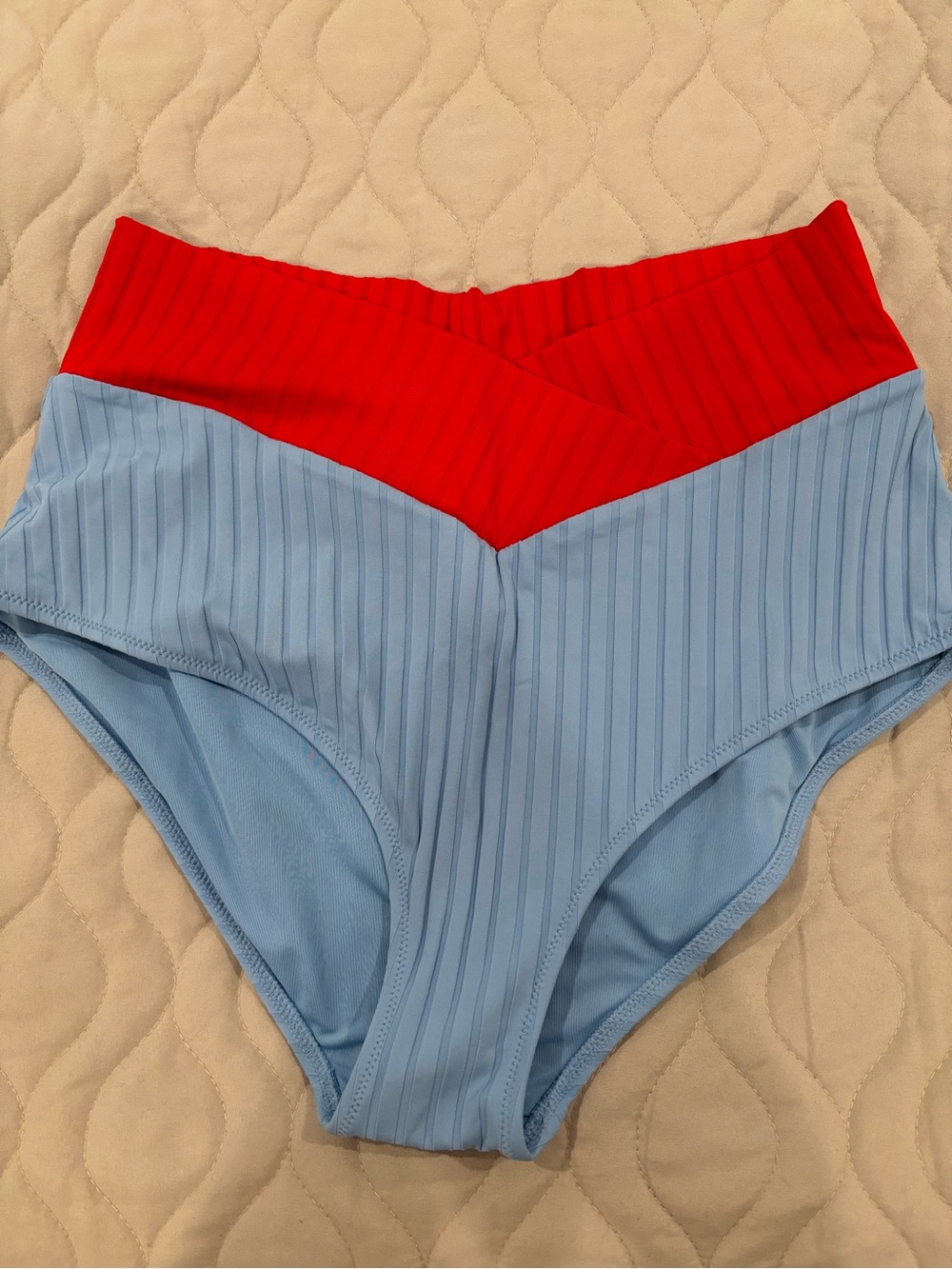 aerie High-Waist Ribbed Colorblock Bikini Bottom in Red & Light Blue